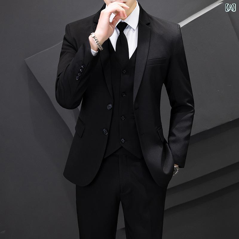 スーツ メンズ 3点セット 春物 ポリエステル ビジネス フォーマル スリムフィット 結婚式 二次会 パーティー 紳士服 ジャケット パンツ ベスト ブラック ネイビー｜シャドーテール