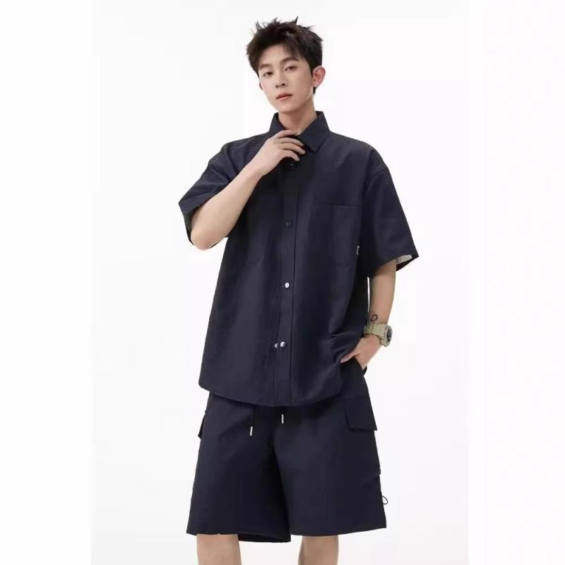 シャツ メンズ 半袖 ショートパンツ 上下セット 2点セット 薄手 韓国風 カジュアル 普段使い 部屋着 藏青色 黒 カーキ M L XL XXL XXXL