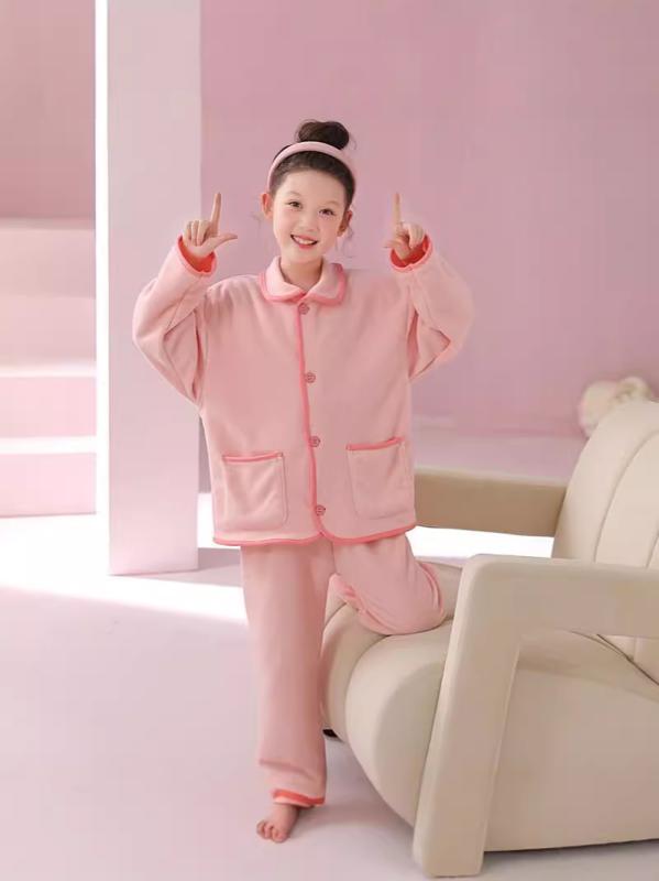 子供用パジャマ 秋冬 韓国風 男の子 女の子 無地 フリース 保温 厚手 ルームウェア セットアップ 部屋着 ピンク グレー ベージュ 110cm 120cm 130cm 140cm