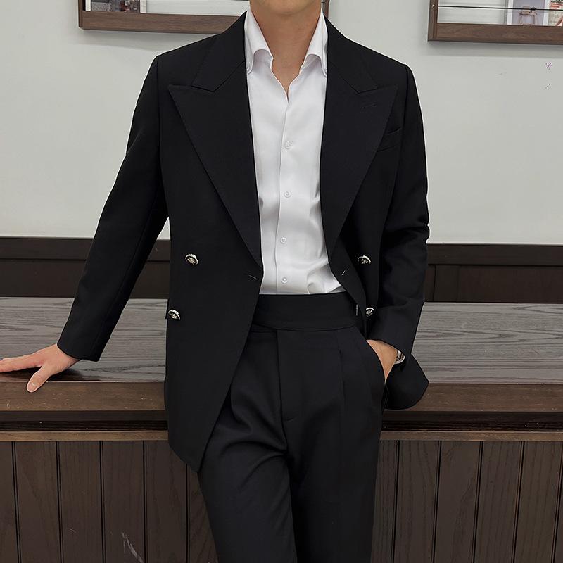 スーツ メンズ 厚手 ダブルブレスト ピークドラペル 2ピース 結婚式 新郎 男性用 秋冬 修身 紺色 黒 赤色｜シャドーテール