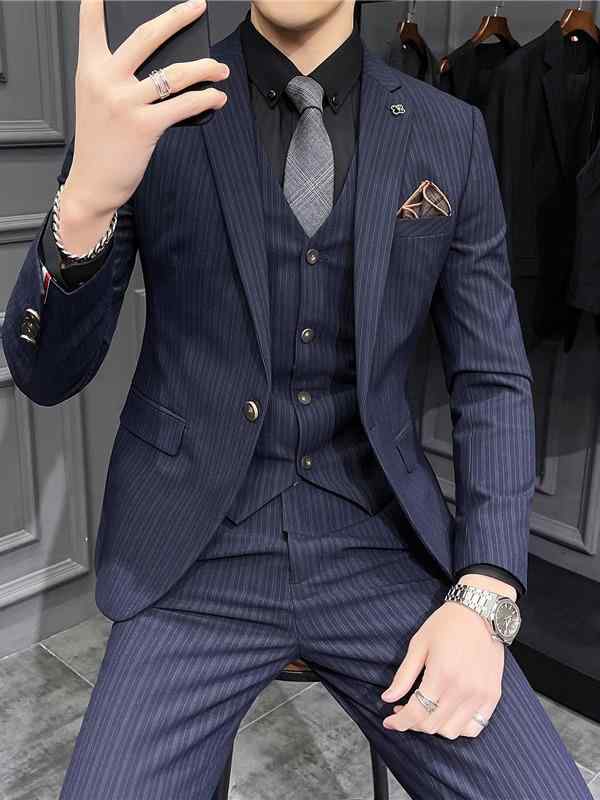 メンズ スーツ 3点セット ストライプ柄 新郎 礼服 セットアップ スリム ビジネス 男性用 コットン混紡 ブラック 黒 ネイビー 紺 春秋 9,557円