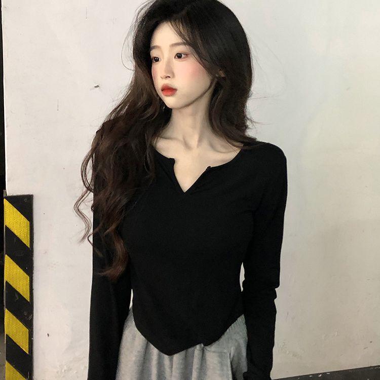 Tシャツ レディース 長袖 韓国風 不規則 修身 カットソー Vネック トップス プルオーバー ポリエステル 黒 白 無地 春秋 私服 セクシー|シャドーテール