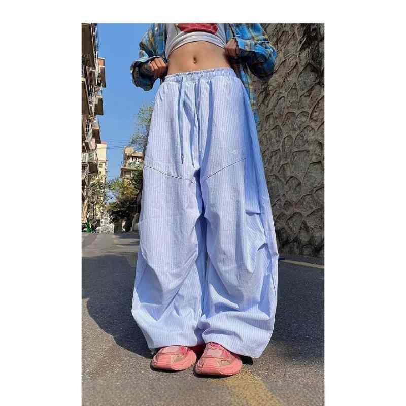 ワークパンツ レディース 春夏 ポリエステル 高腰 ワイド バナナパンツ 絞り ストライプ柄 快適 普段使い 韓国風 カジュアル ブルー 青色 ベージュ S M L XL 2XL