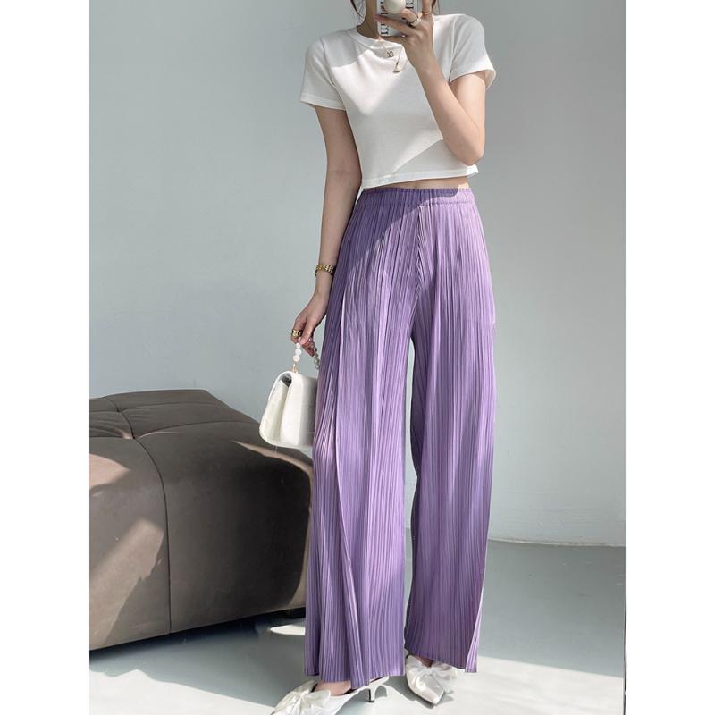 パンツ レディース ワイドパンツ ストレートパンツ ポリエステル 伸縮性 ウエストゴム 薄手 涼しい 普段使い 黄緑色 黒色 青色 紫色