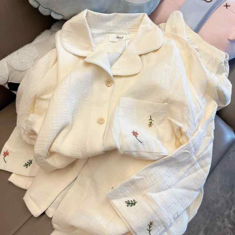 パジャマ レディース 長袖長ズボン 春秋 かわいい 韓国風 泡 ガーゼ 綿 上下2点セット ルームウェア 部屋着