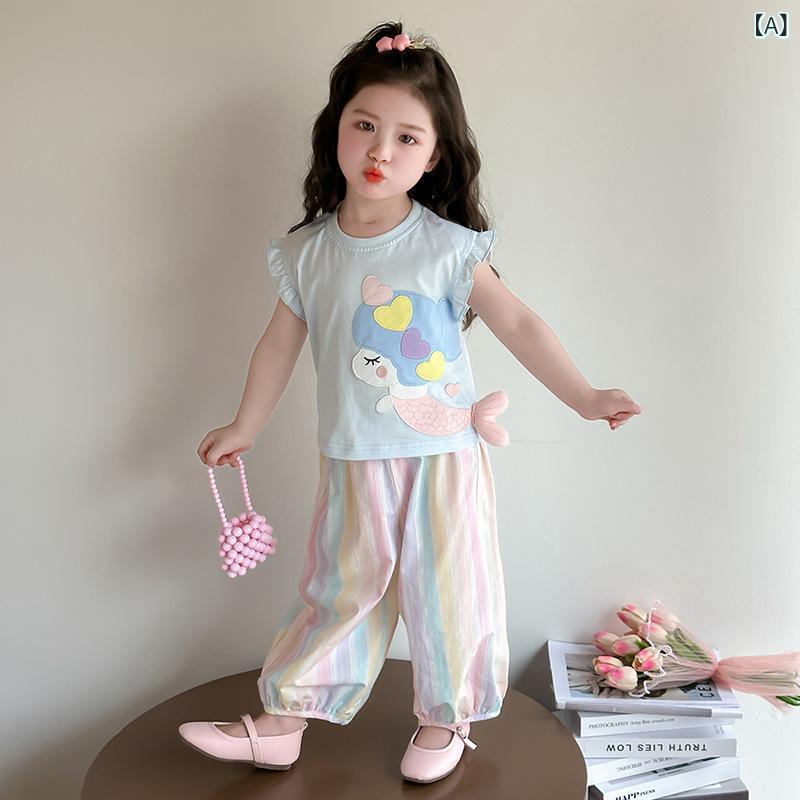 子供用Tシャツ パンツセット 女の子 夏物 半袖 短パン 上下セット かわいい マーメイドプリント 薄手 ピンク系 ブルー 90 100 110 120 130 140cm