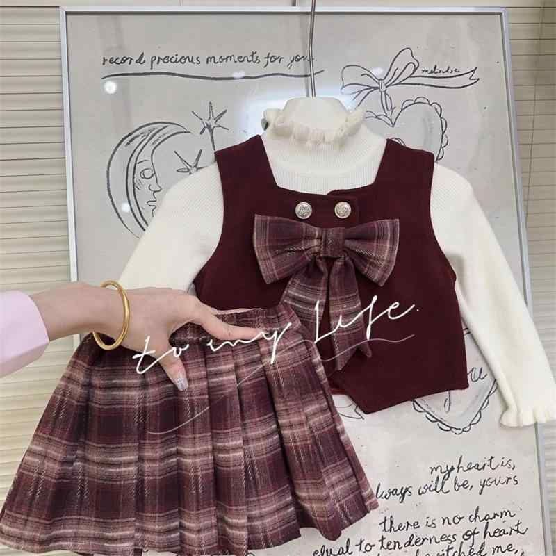 子供用スカート 秋冬 女の子 百褶スカート セットアップ チェック柄 ブリティッシュスタイル スクールガール風 厚手 ベージュ ピンク レッド