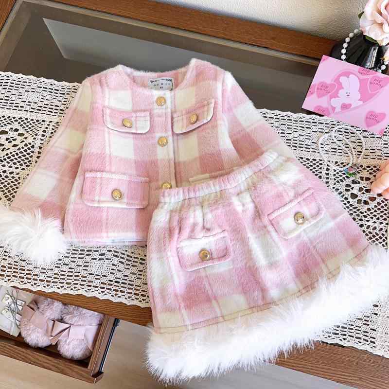キッズ 女の子 セットアップ 格子柄 ジャケット スカート 2点セット 秋冬 かわいい 普段着 おしゃれ着 ポリエステル ピンク系