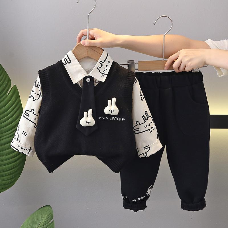 子供服 ニット ベスト 3点セット 春秋 幼児 男女兼用 立体 ウサギ 長袖 トップス パンツ かわいい 韓国風 ブラック ピンク系 80cm 90cm 100cm 110cm 120cm