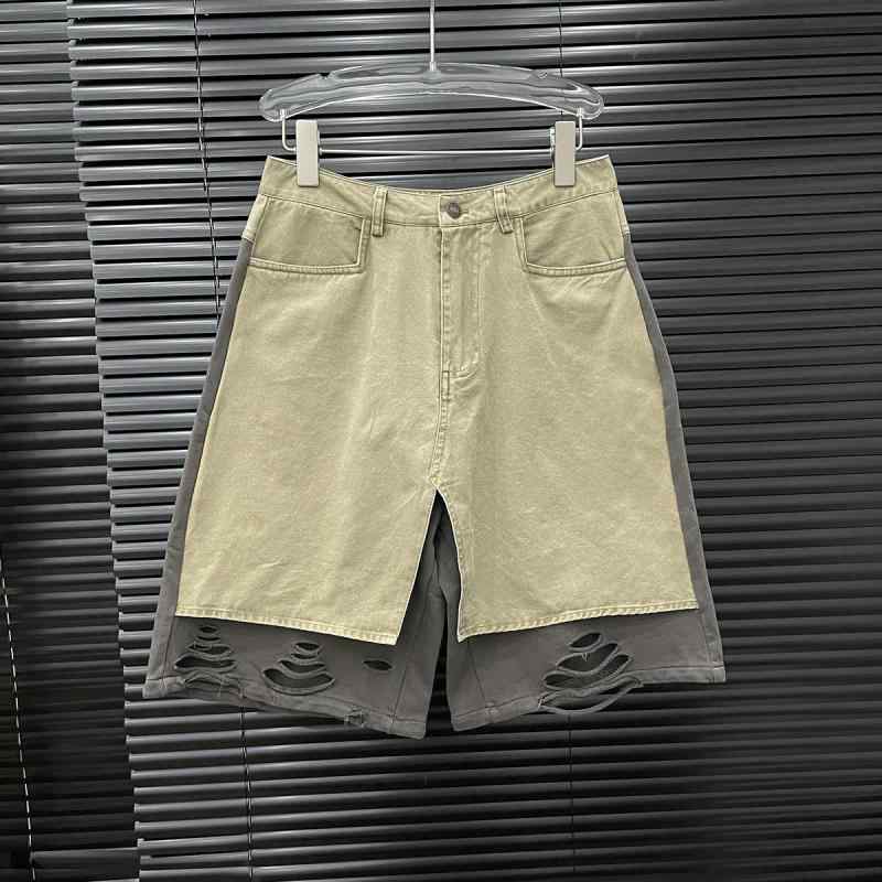 パンツ レディース 切り替え カジュアルパンツ ダメージ加工 5分丈 カーキ色 綿混紡 伸縮性｜シャドーテール