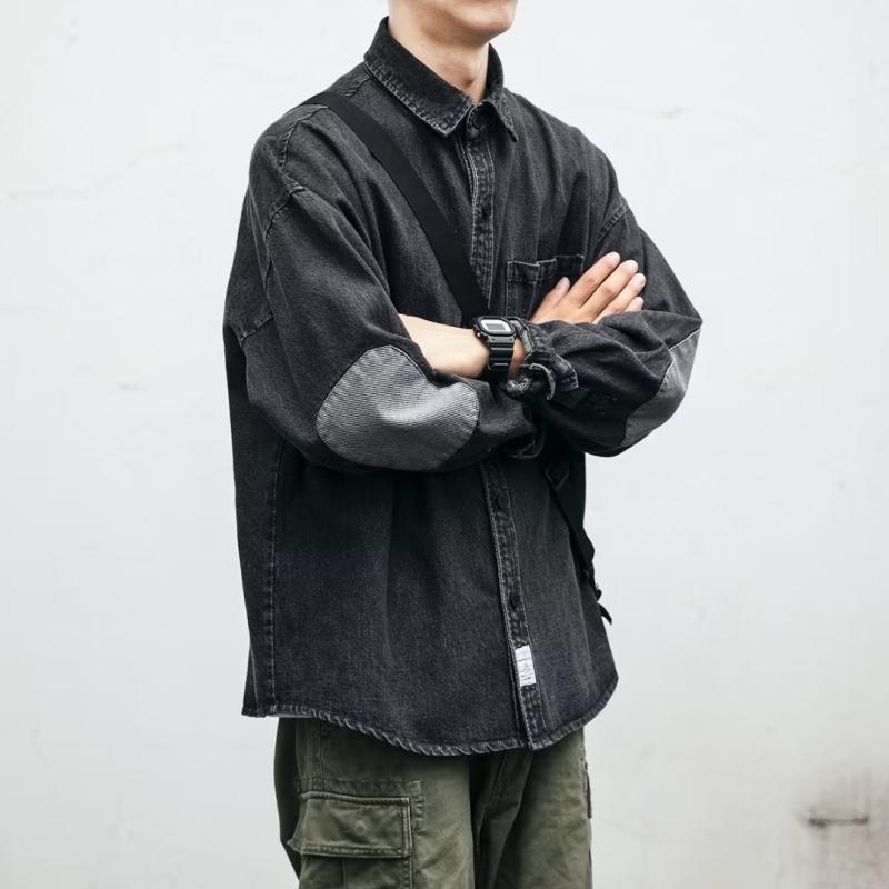 シャツ メンズ 長袖 デニム ワークシャツ ゆったり 無地 ブルゾン トップス 春秋 黒 ブラック ブルー 4,923円