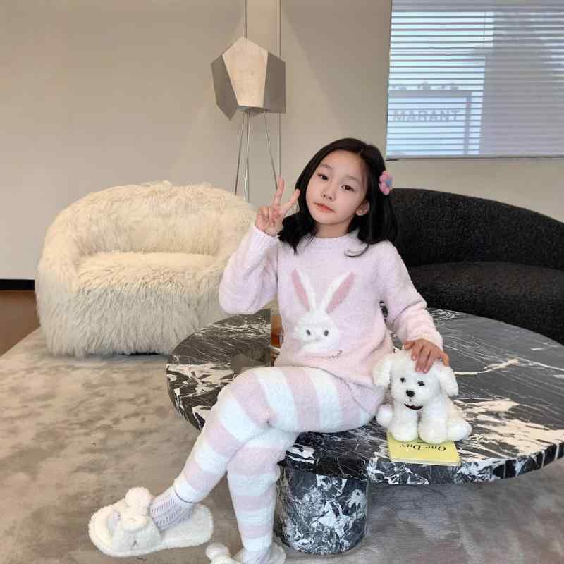 ちびっ子服 秋冬 編み物 愛くるしい 大耳 家兎 猫 毛の荒物 お座敷御召しもの パジャマ 長ズボン 上下書き割り 朦々たる 生あたたかい さくら色 薄墨色 100 110 120 130 140