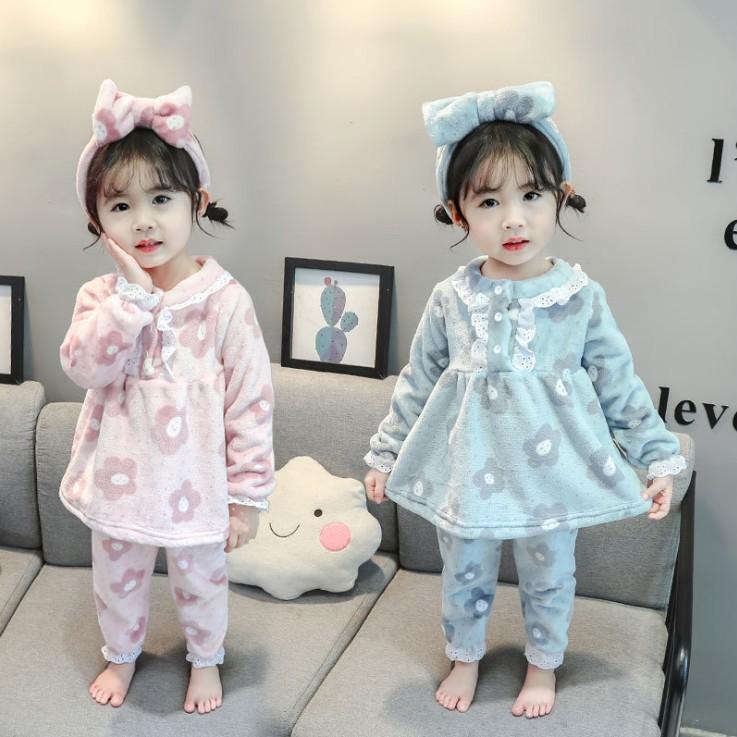 パジャマ キッズ 女の子 秋冬 ルームウェア フランネル 厚手 花柄 かわいい 上下セット ヘアバンド付き 部屋着 寝間着 ポリエステル ピンク系 ブルー系