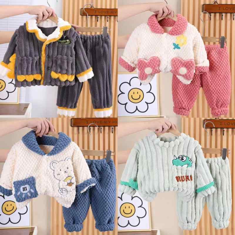 ベビー服 冬用パジャマ 上下セット 幼児 ルームウェア サンゴフリース 暖かい かわいい 小熊 小花 アニマル柄 ポリエステル