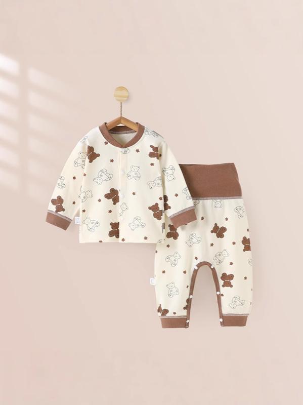 ベビー服 上下セット 春秋冬 コットン100% 赤ちゃん 高腰 腹巻付き スナップボタン 前開き パジャマ かわいい 保温 吸湿 通気 66cm 73cm 80cm 90cm 100cm