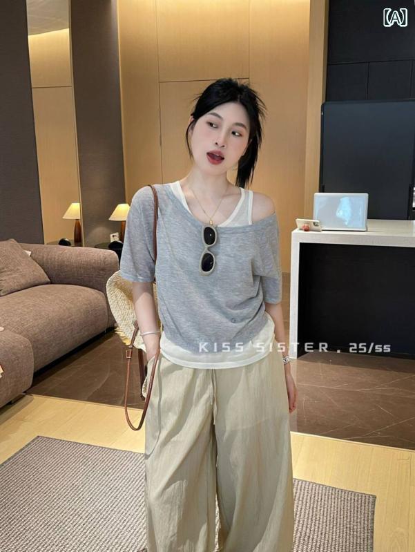編み物 レディース 春夏 合奏団 ノースリーブ トップス ジレー 2点仕掛ける 当たること冷感 伸縮性 ポロ襟 可愛らしい ゆったり 普段使い