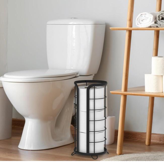 トイレットペーパーホルダー 黒色 炭素鋼製 ロールペーパー タオルペーパー スタンド式 丸型 ブラック 艶消し ??