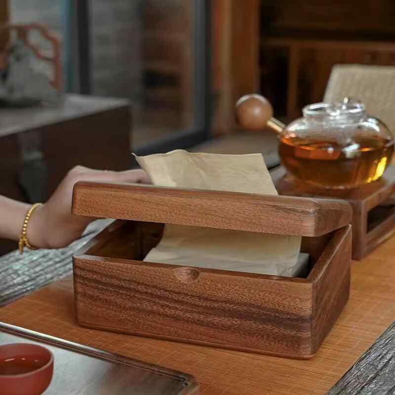 ティッシュボックス席 木製 胡桃木 今めかしい 北欧風 室内装飾雑貨 四角四面 矩形 リビング 夕ご飯 卓上