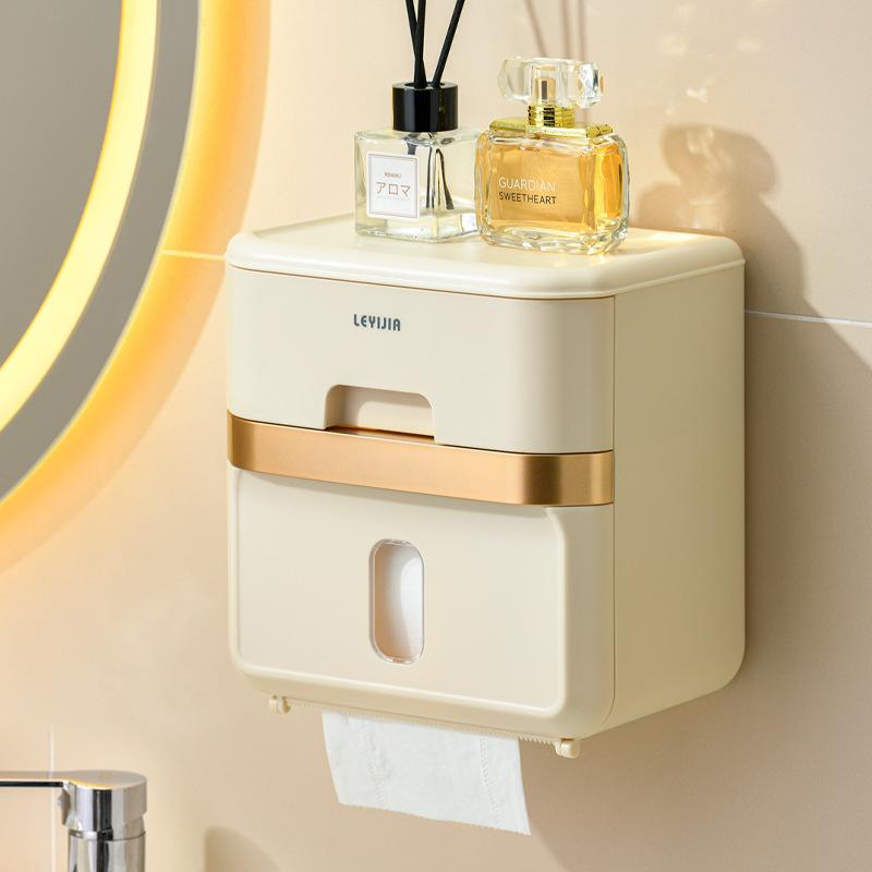 ティッシュボックス トイレ 浴室 壁掛け 穴あけ不要 クリーム色 収納ラック 多用途 整理