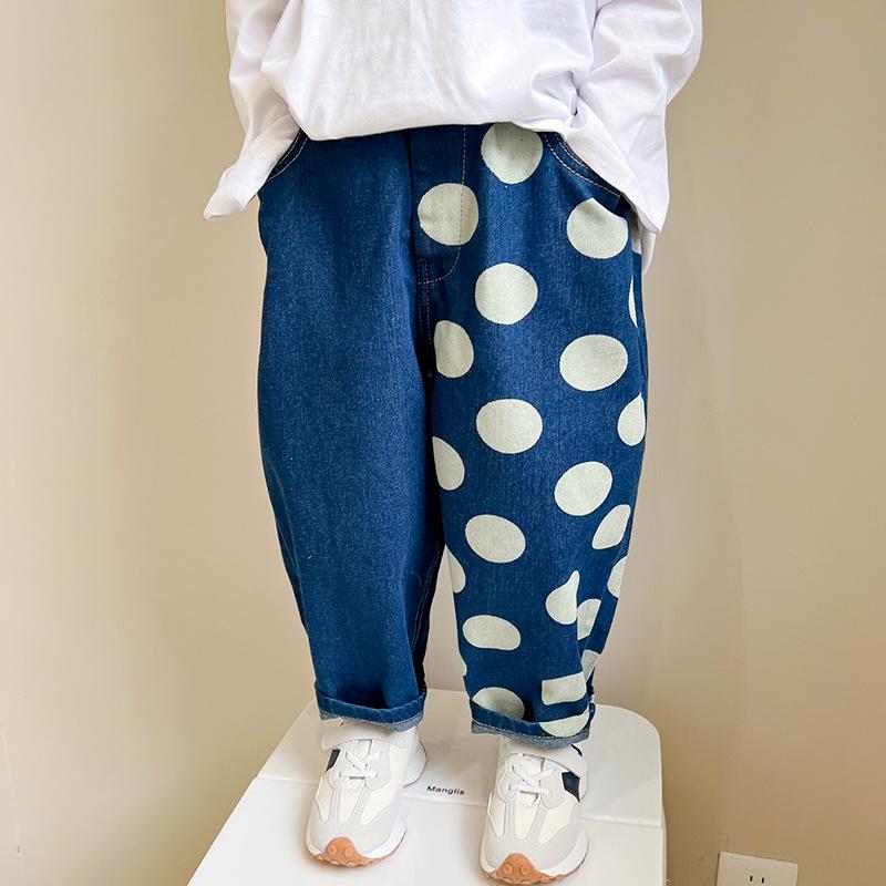 子供服 デニムパンツ 男女兼用 カジュアル ストレートパンツ 春秋 波ドット柄 切り替え ウエストゴム B類 90cm 100cm 110cm 120cm 130cm 140cm 150cm