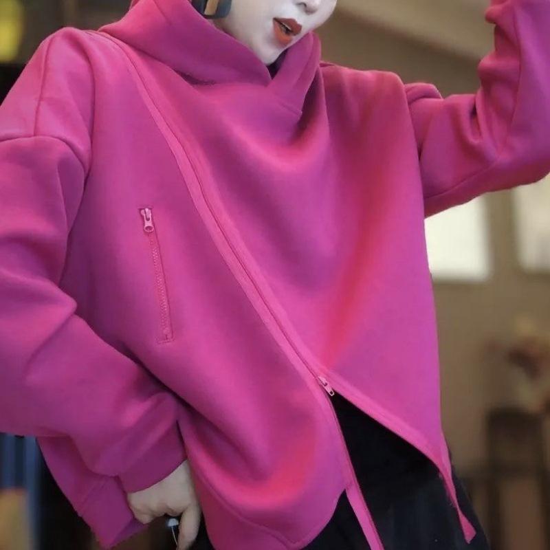 パーカー レディース 韓国風 ゆったり スウェット トレーナー 長袖 プルオーバー フード付き トップス 無地 アシンメトリー 秋冬 赤色 ピンク系 紫色 黒色