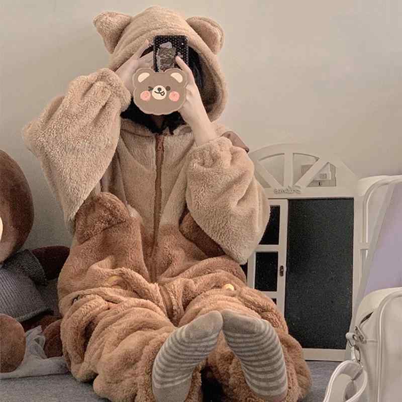 ルームウェア レディース 小熊 もこもこ 珊瑚フリース 上下セット かわいい 長袖 長ズボン 秋冬 部屋着 あったか 厚手 暖かい 防寒 冷え対策 ピンク系 パープル系