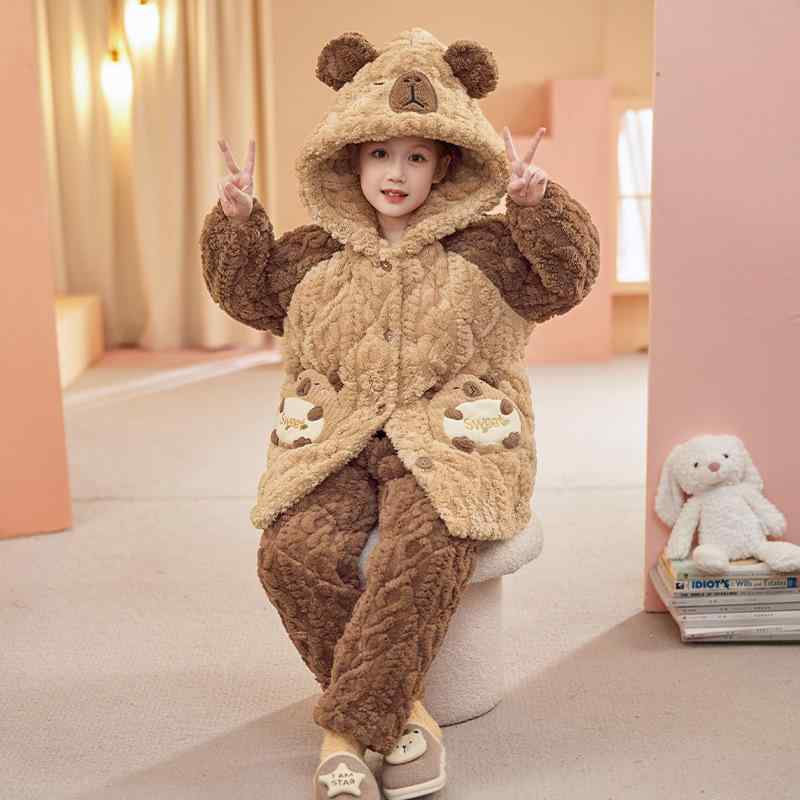 ちびっ子服 お嬢さん パジャマ 三層 赤珊瑚フリース 裏起毛 朦々たる ボンネット付き添い人 愛くるしい カピバラ 刷り上げる 秋冬 セットアップ お座敷御召しもの お座敷着