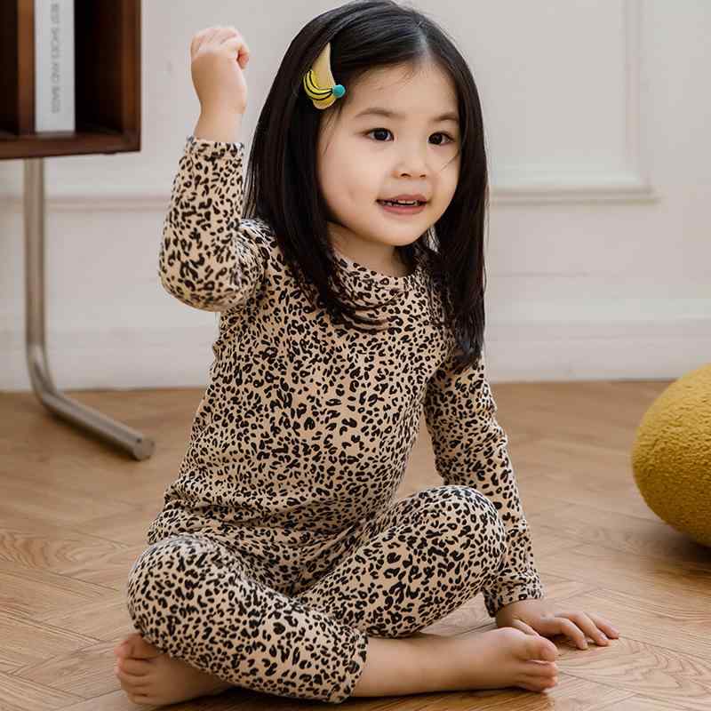 子供用インナー 上下セット 女児パジャマ 秋冬 部屋着 ヒョウ柄 レギンス 再生繊維 ピンク系