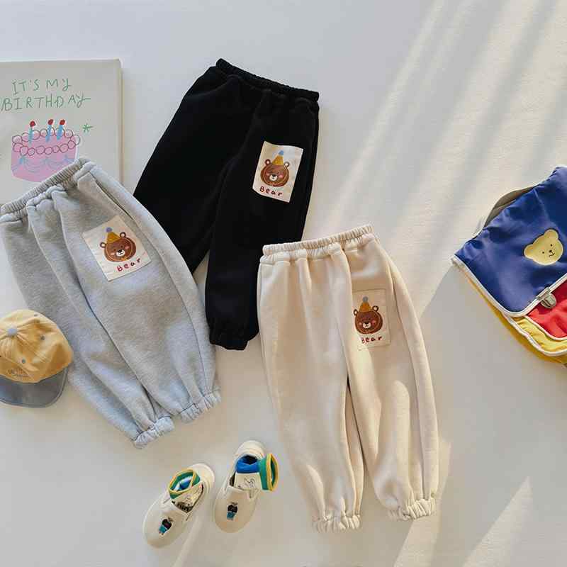 子供用パンツ キッズ スウェットパンツ 裏起毛 厚手 小熊プリント かわいい 普段着 スポーツ 部屋着 杏色 グレー ブラック