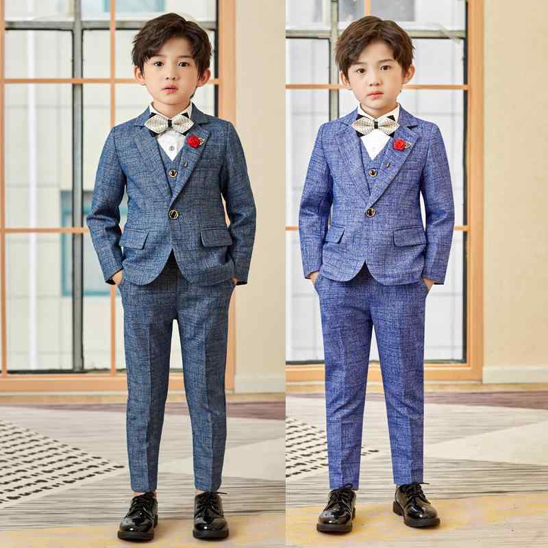 子供用スーツ 男の子 フォーマル スーツ セットアップ 子供服 礼服 法事 結婚式 発表会 ジャケット 長ズボン ベスト 蝶ネクタイ ブローチ付き グレー ブルー 90 100 110 120 130 140 150 160 170cm