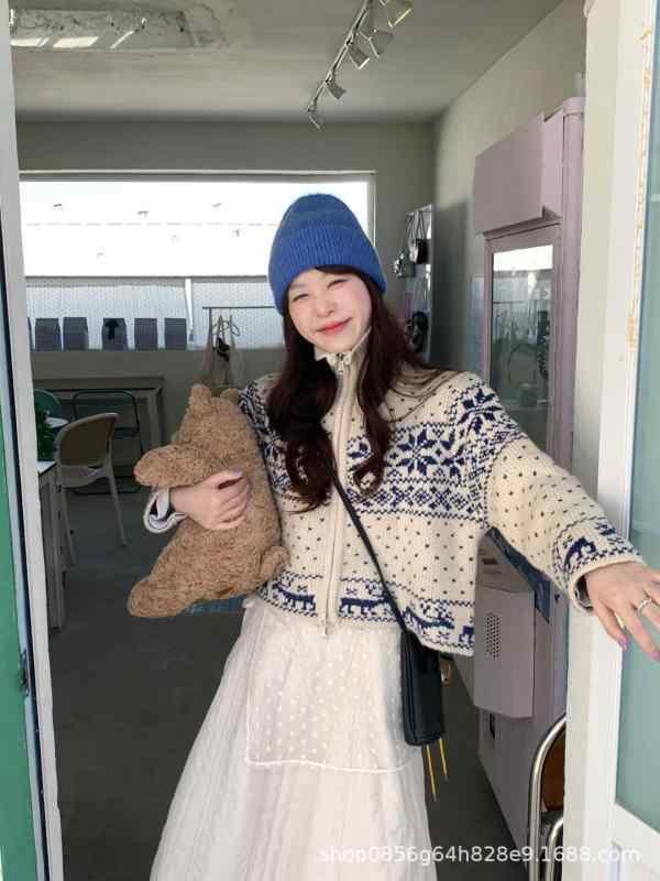 ニット レディース 秋冬 雪柄 ハーフジップ カーディガン 厚手 ニット トップス プルオーバー 暖かい ゆったり 長袖 ドロップショルダー カジュアル かわいい 防寒 秋冬