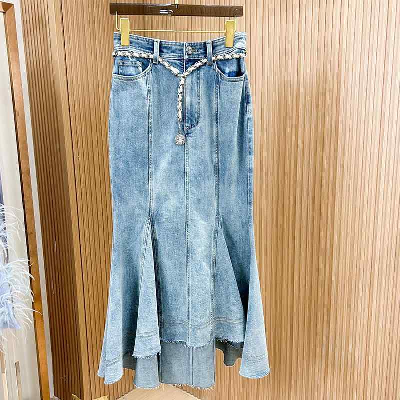 ジーンズスコート レディース 高腰 提臀 水洗いする処理 人魚 ミモレ丈 青色 青 S M L XL 春 通い 窈窕たる スカート-レディースファッション