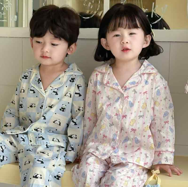 子供用パジャマ 春 子供服 綿 長袖 長ズボン 寝巻き 上下セット 薄手 吸湿速乾 90 100 110 120 130 140 ブルー 格子柄 パンダ バタフライ ウサギ 春夏