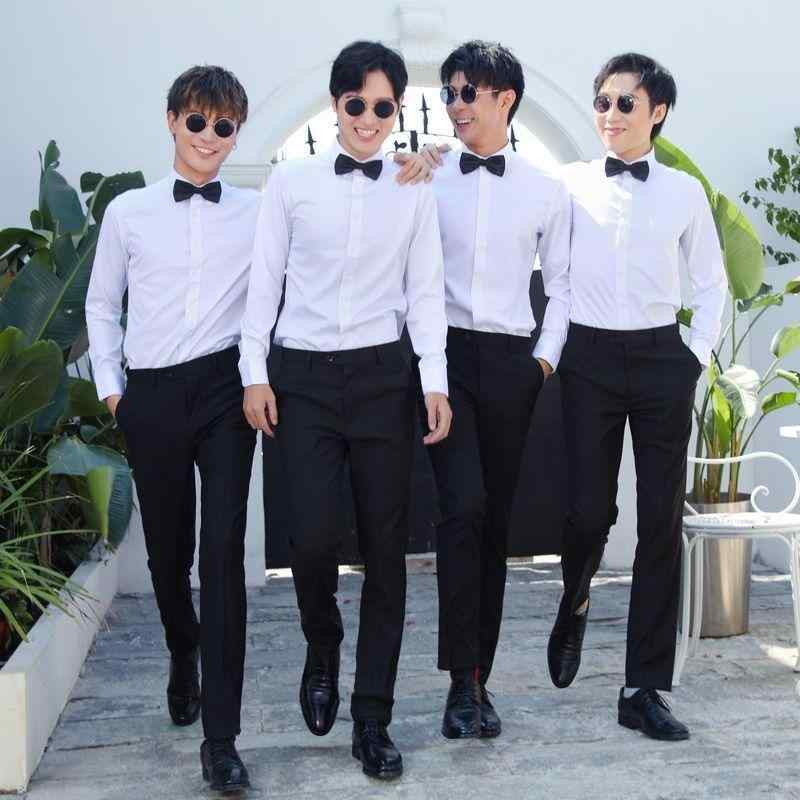 シャツ メンズ フォーマル トップス 礼服 結婚式 合唱 演出 春夏 長袖 麻 リネン 白シャツ 黒パンツ 領結 立襟 無地