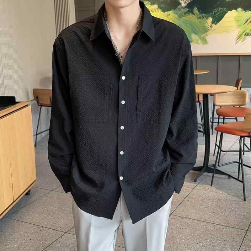 シャツ メンズ 長袖 ポリエステル 凹凸 текстура 肌触り 快適 通気性 無地 スリム 韓国風 カジュアル