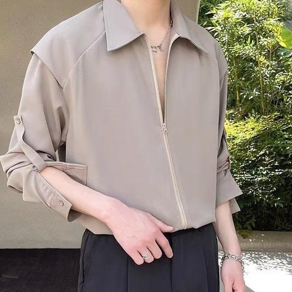 シャツ メンズ 男性用 長袖 カジュアル トップス 韓国風 ゆったりシルエット 綿混紡 ノーアイロン 普段使い 旅行 ブラック系