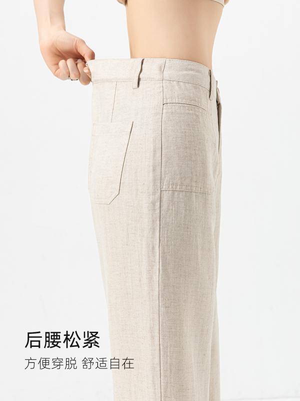 レディース 広々としたズボン下 直筒 高腰 九分丈 薄っぺら レイヨン 麻 混紡 返り咲き風 微弾力性 夏用 クリーム色つや 麻色 紫 紺 垂感 か細い 軽さ 冷やりとした ゆったり影ぼうし 日常使い走り 心地好い