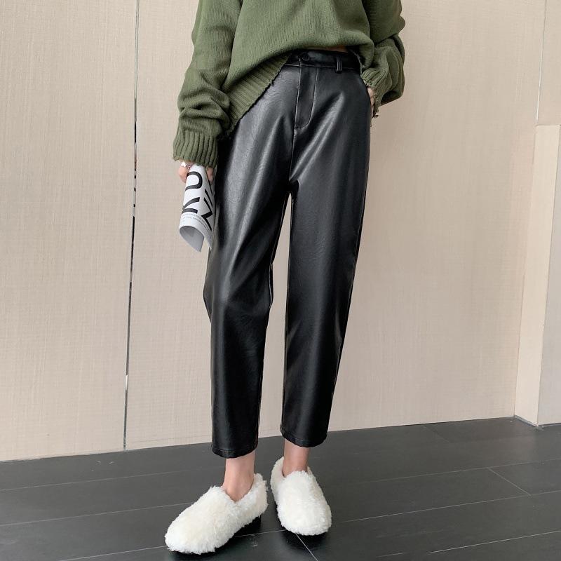 PUレザーパンツ レディース 高見え 秋冬 高腰 ハーレムパンツ 9分丈 美脚 スタイルアップ 黒 ブラック XS S M L XL 2XL 3XL 合成皮革 ポリエステル 伸縮性