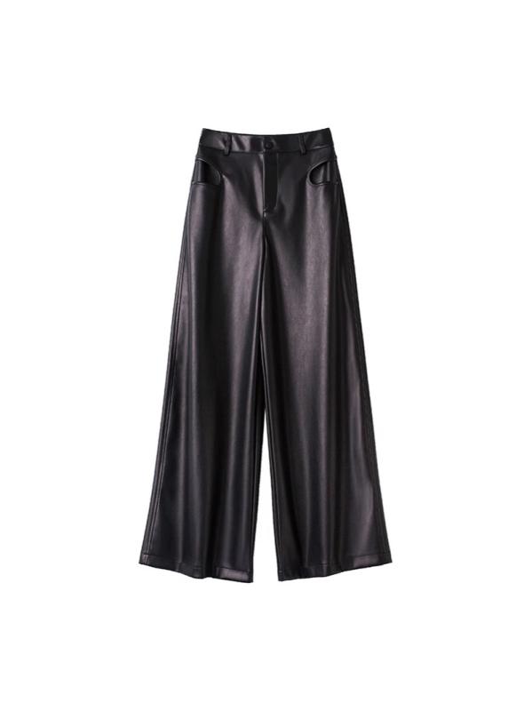パンツ レディース 高見え PUレザー ワイドレッグパンツ ハイウエスト ストレートパンツ 黒 ブラック系 金 ゴールド系 伸縮性 微ストレッチ