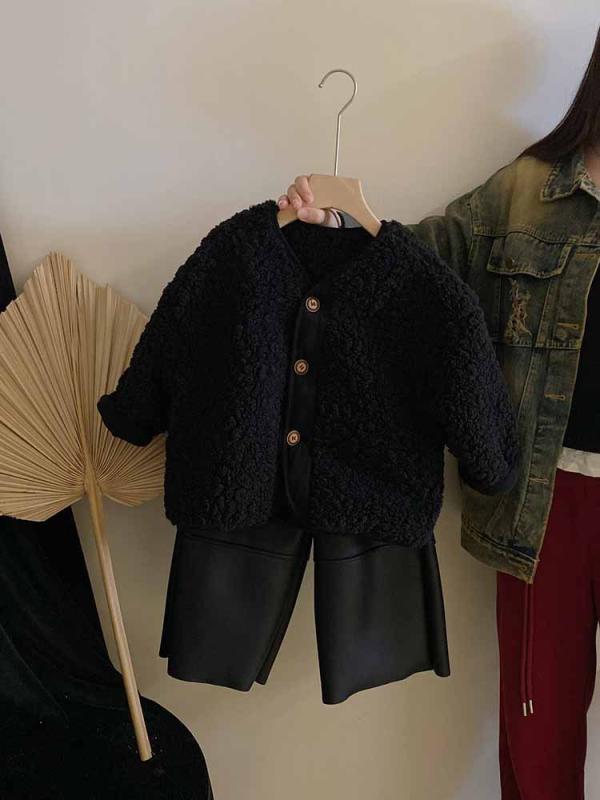 子供用セットアップ 秋冬 加絨 モコモコ トップス アウター 加絨 レザーパンツ 韓国風 子供服 女の子 男の子 90cm 100cm 110cm 120cm 130cm 140cm 150cm