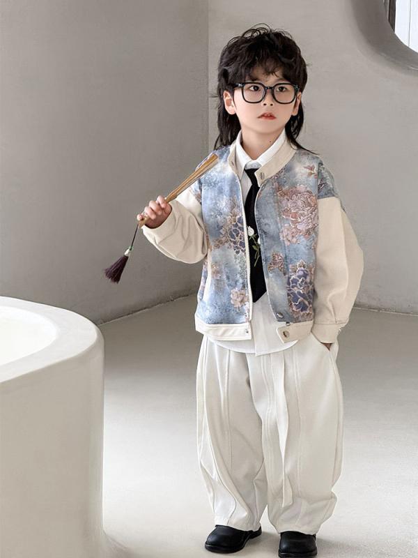 子供服 ジャケット 春秋 中国風 子供用 アウター ブルゾン PUレザー 長袖 花柄 男の子 90cm 100cm 110cm 120cm 130cm 140cm 150cm 160cm