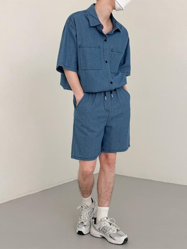 デニム メンズ カジュアルセットアップ 半袖シャツ ハーフパンツ 薄手 ウォッシュ加工 2点セット 韓国風 普段使い 部屋着 春夏