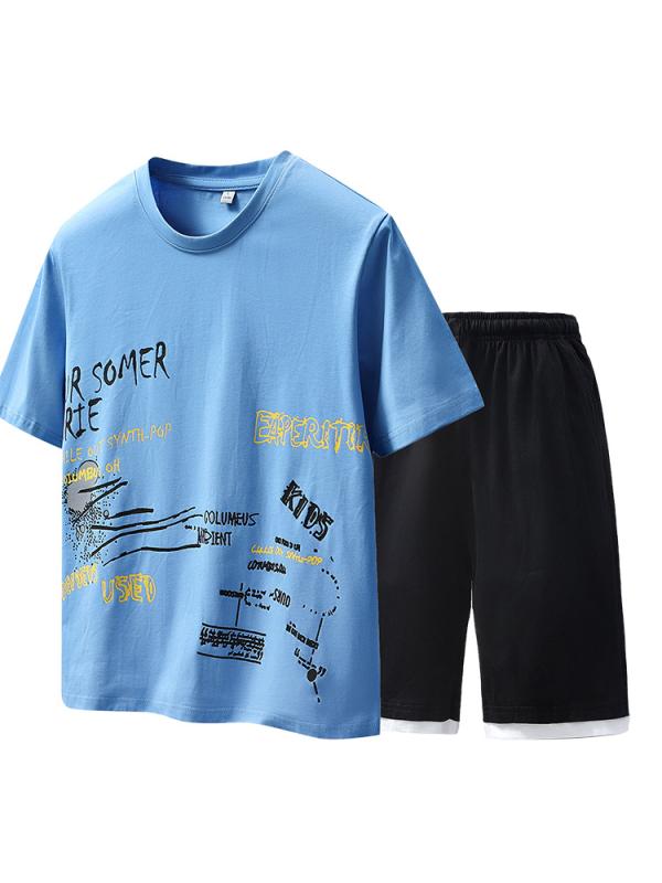 Tシャツ メンズ 男性用 半袖Tシャツ ハーフパンツ 上下セットアップ 綿100% プリント柄 カットソー ルームウェア 部屋着 パジャマ 夏
