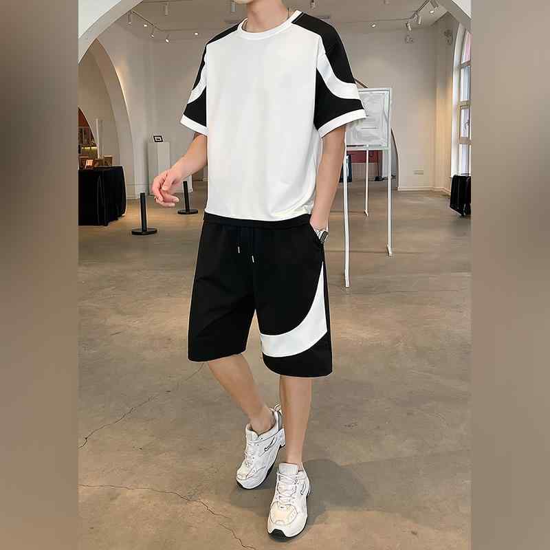 Tシャツ メンズ カジュアル セットアップ 半袖 短パン 上下 2点セット 部屋着 ルームウェア 普段使い 韓国風 ポリエステル ホワイト ブラック