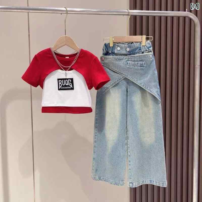 子供用セットアップ 女の子 夏服 Tシャツ デニムパンツ 2点セット かわいい 半袖 薄手 トップス ズボン 通園 通学 普段着 レッド ブラック 100 110 120 130 140 150 160