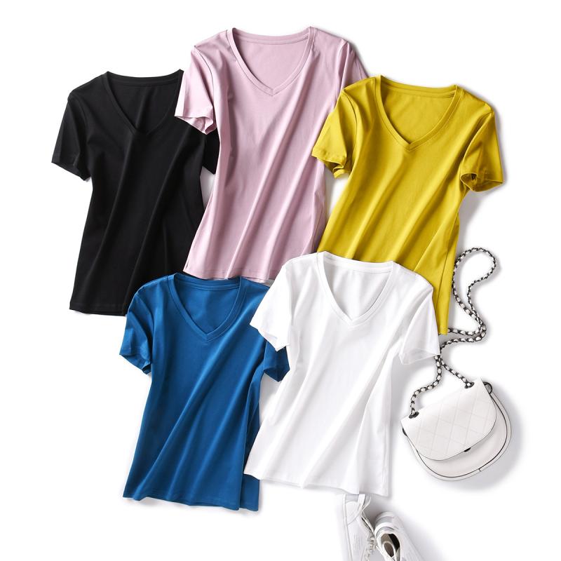 Tシャツ レディース 80双糸 シルケットコットン Vネック 半袖 無地 スリムフィット トップス カットソー 白 黒 ピンク系 青系 緑系 黄色系 グレー系