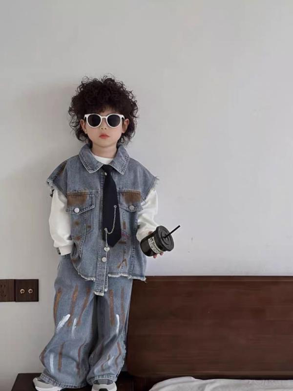 子供用 デニム ベスト パンツ セットアップ 春秋 男の子 韓国風 カジュアル 2点セット ジーンズ 上下セット ボーイズ 幼児 小学生 無地 綿90% 90 100 110 120 130 140