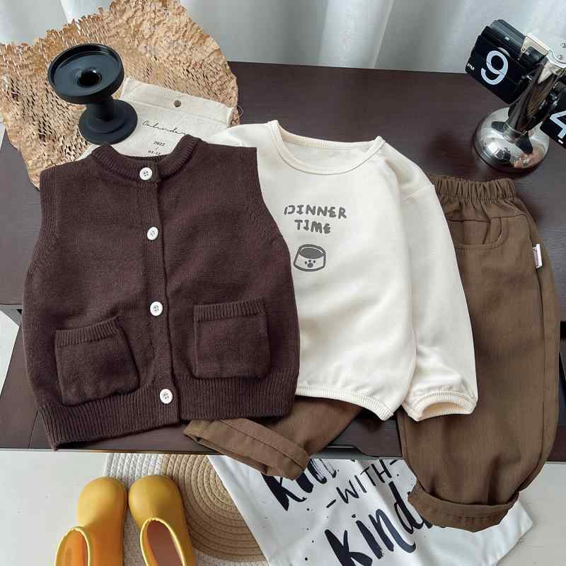 子供用ニットベスト パンツセットアップ 韓国風 3点セット 男の子 秋服 子供服 レトロカラー 幼児~小学生向け 綿素材 トップス ボトムス 上下セット