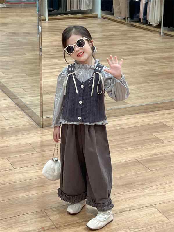 子供服 セットアップ 女の子 3点セット グレー系 ベスト ブルー系 ブラウス フリル 花柄 レース ワイドパンツ 秋物 かわいい ガールズ 上下セット