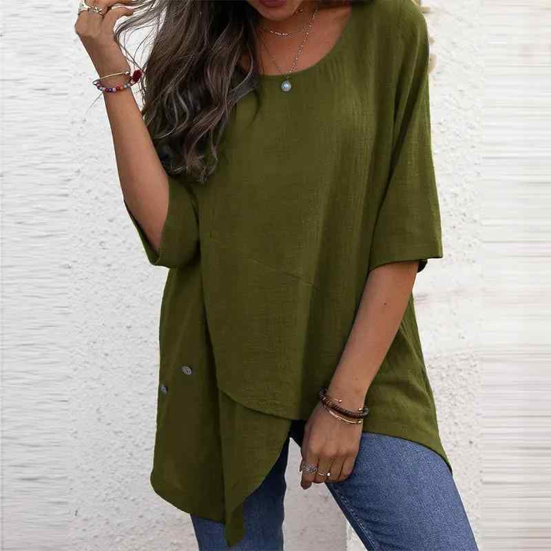 シャツ レディース 5分袖 コットンリネン ラウンドネック チュニック丈 トップス ブラウス ゆったり 快適 普段使い ブルー 青 グリーン 緑 グレー 灰色 XS S M L XL 2XL 3XL 4XL 5XL 6XL
